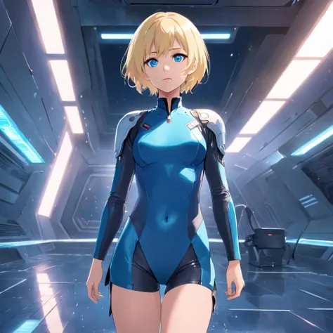 17 years old Women, ((Blonde)), ((Blue eyes)), ((Short hair)), ((Full shot)), very detailed makeup, pale pink lipstick, wear sexy black body suite, standing in a Battlestar in front of a space fighter ((wet floor))