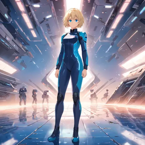 17 years old Women, ((Blonde)), ((Blue eyes)), ((Short hair)), ((Full shot)), very detailed makeup, pale pink lipstick, wear sexy black body suite, standing in a Battlestar in front of a space fighter ((wet floor))