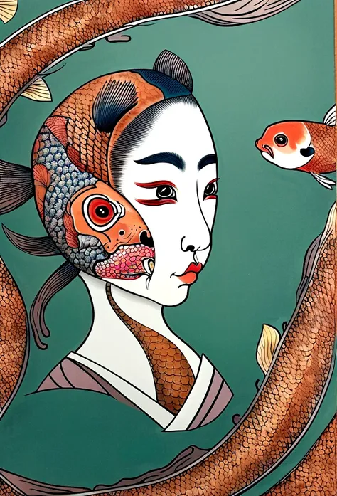 a Japanese woman with a koi fish face