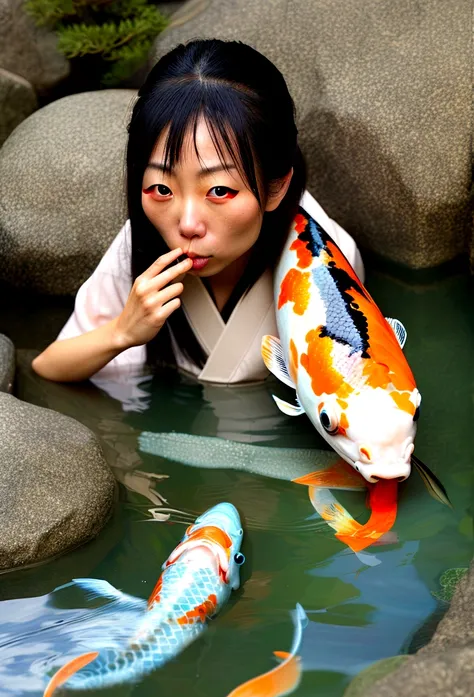 a Japanese woman with a koi fish face