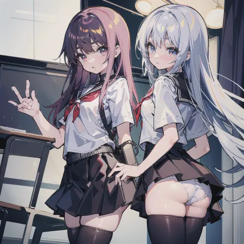 1 tiny anime cute girl in student uniform, white panties, white blouse, cellular long black skirt, small tiny breasts, small ass, in school background, on desk, look at camera, red blush, russia, long hairs, black leggings