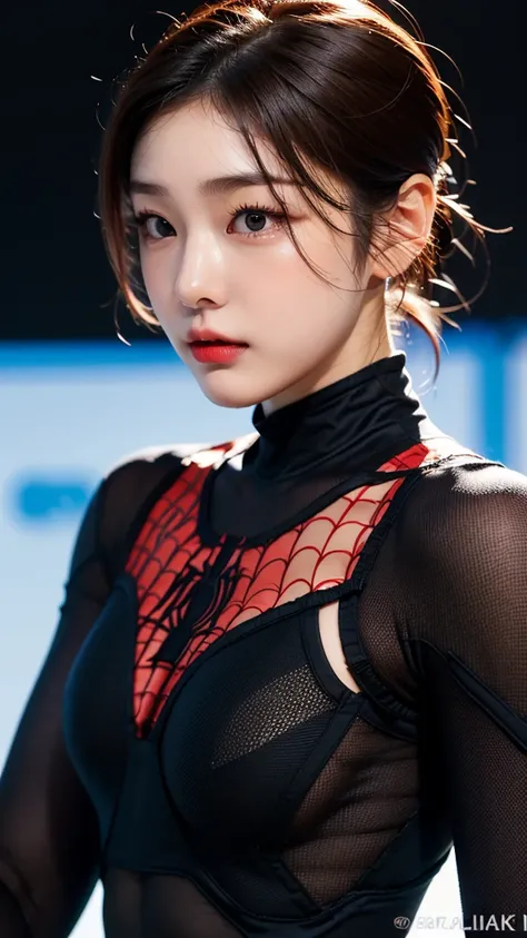 tmasterpiece,1 Korean girl，realisticlying，8K  UHD，high high quality，in the background bokeh, spider-man suit，Spidey，Clothes wrap around the whole body，Tight clothing，Abs contour，Short black hair，s the perfect face，shining face，Ultra-clear face，Elaborate Ey...