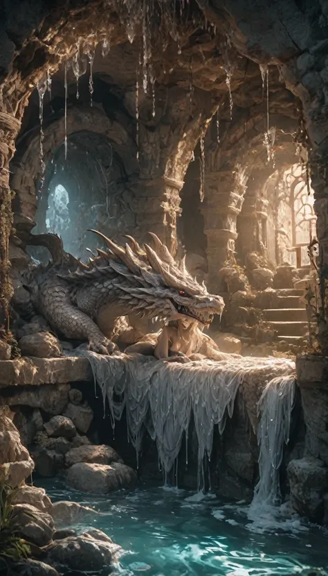 Grotto Room，（（（Full of crystals）））Dragons，Water flow，The light is very dark，Magik（（（Horror atmosphere）））（（（​masterpiece）））， （（best quality））， （（Intricate detailing））， （（surrealism））（8K）