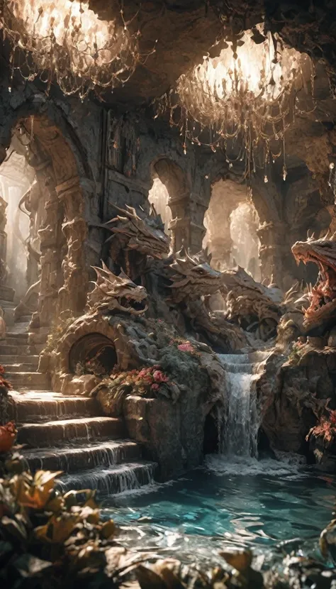 Grotto Room，（（（Full of crystals）））Dragons，Water flow，The light is very dark，Magik（（（Horror atmosphere）））（（（​masterpiece）））， （（best quality））， （（Intricate detailing））， （（surrealism））（8K）