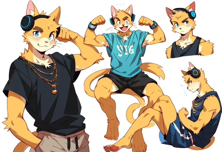 score_9, score_8_up, score_7_up, male, furry, high quality, hires, anthro, teenager, 16 years old, domestic cat, bright yellow fur, blue eyes, wide brown eyebrows, an excited expression, humanoid feet, slim body, prominent v-line, prominent abs, prominent ...