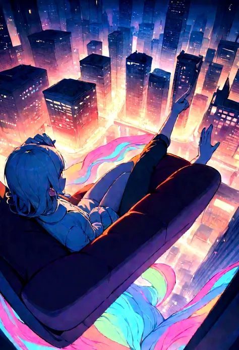 ((Best Quality)), ((artwork)), (detailed), Perfect face, Constantino, City, above all, lights, on the couch, touching the right ear with the right hand