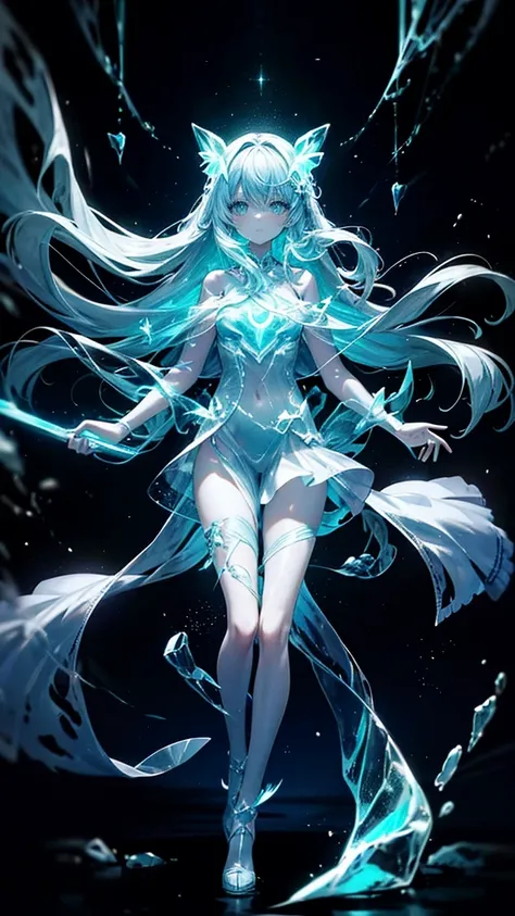 drawing of a cute young woman, long flowing hair, transparent bioluminescent glowing body, on a deep dark background, Glassmorphisom, 32k por AiLove, uncanny
