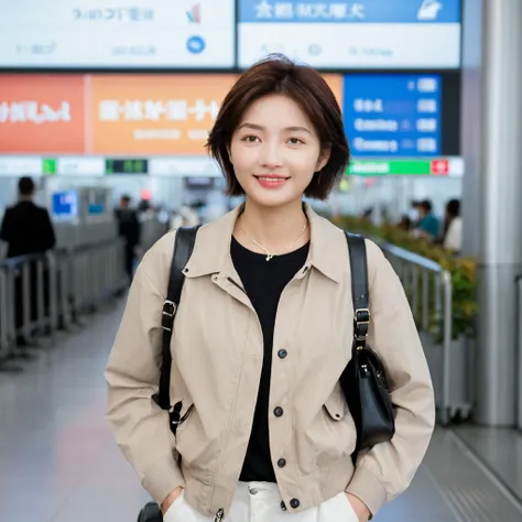 beautiful korean girl , 32 inch chest size, Your eyes are big and pretty. Short in stature. Standing in the departure hall of the airport. . short medium hair, Standing in line at the departure hall of Frankfurt Airport, Germany. He wore a white shirt, a g...