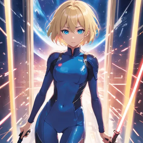 17 years old Women, ((Blonde)), ((Blue eyes)), ((Short hair)), ((Full shot)), very detailed makeup, pale pink lipstick, wear sexy black body suite, standing in a Battlestar in front of a space window, she has a light saber qnd her actitude is defensive, sh...