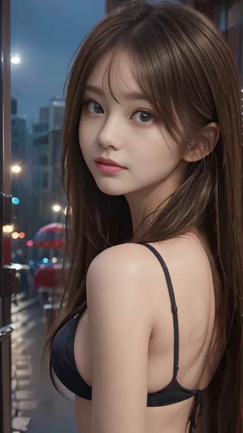 full hd 8k, Girl standing in front of a dark night scene, full moonlight reflecting on her beautiful face. Her long, silky hair was gently blown by the night wind, creating a gentle and romantic feeling. She is walking on a large beach. She looked up at th...