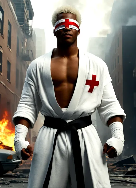 sci-fi cinematic a young african american man with short white afro hair wearing a white blindfold with a red cross on it slight...