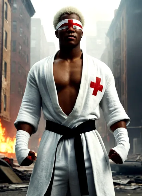 sci-fi cinematic A young african american man with short White Afro hair wearing a white blindfold with a red cross on it slightly muscular wearing a white robe and a giant black belt with a white cross on it wearing a white sweatpants, cinematic Highly de...