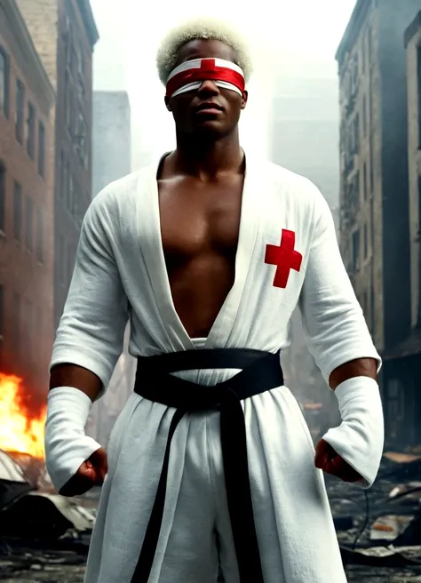 sci-fi cinematic A young african american man with short White Afro hair wearing a white blindfold with a red cross on it slightly muscular wearing a white robe and a giant black belt with a white cross on it wearing a white sweatpants, cinematic Highly de...