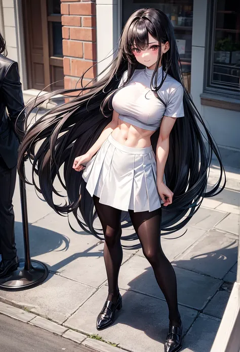 beautiful girl、Big Breasts、Black Hair、long hair、Muscular、Abdominal muscles、Toned Legs、White shirt、Black Skirt、Black Pantyhose、shoes、Are standing、The whole body is visible、Around town、A gentle smile、One girl