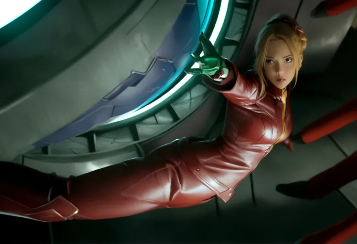 Arafed woman in a red leather jacket holding a green circular object, Kristanna Loken, film Frame of the Avengers, an Epic Sci-Fi Movie Still, Epic Sci-Fi Movie Still, Frame of the Avengers, science fiction movie still, in a science fiction movie, wonder m...