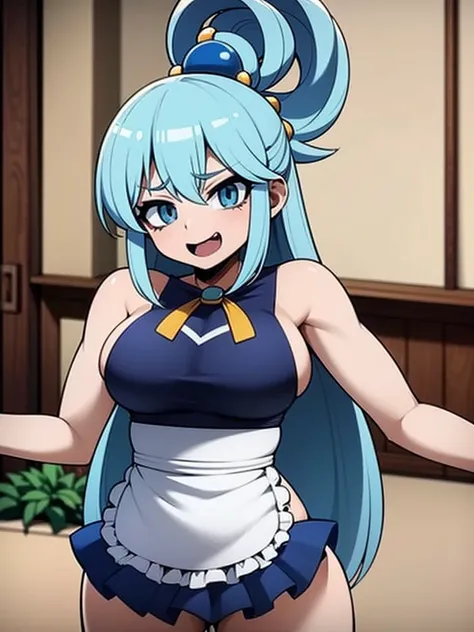 Chic quality, 1 girl, Aqua Konosuba, blue hair, huge breasts, middle thighs, (white apron、Naked apron)