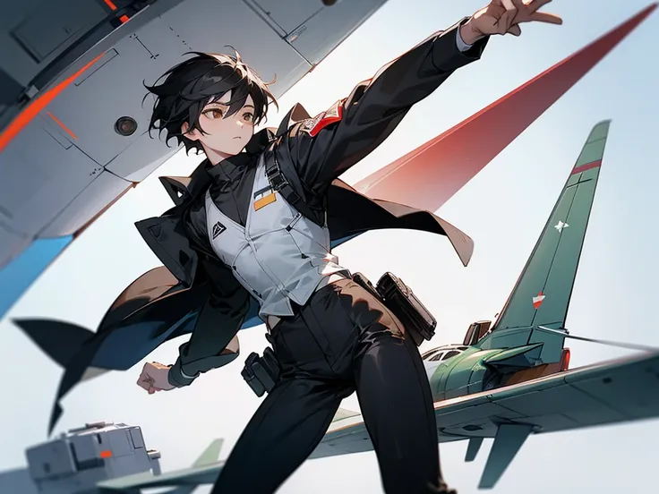 Boy 1.78 meters, White skin, black hair, Brown eyes, aviation vest, black skinny pants, Masterpiece.