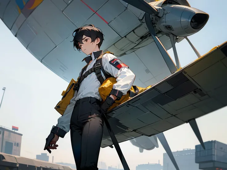 Boy 1.78 meters, White skin, black hair, Brown eyes, aviation vest, black skinny pants, Masterpiece.