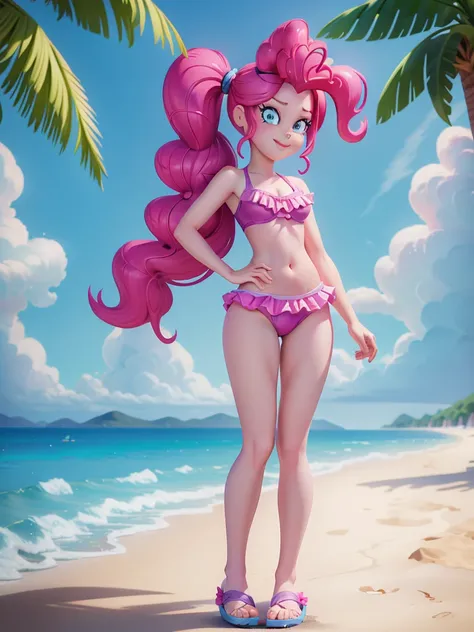 Pinkie Pie, 1 girl, Equestria Girls, magenta hair, long ponytail, blue eyes, pale skin, wet body, shiny body, small, masterpiece, athletic body, full body, smilling, ((magenta frilly bikini, flip flops)), beach, clear sky, standing, hentai
