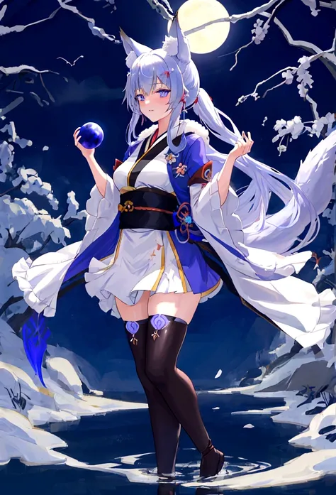 A girl in her twenties with blue-white hair, blue-purple gradient pupils, a small tail, and a fox-girl robe. girl, kimono, ponytail ,gray hair, purple eyes, magic circle, blue fire, blue flame, wallpaper, landscape, Blood, Blood splatter, Depth of the boun...