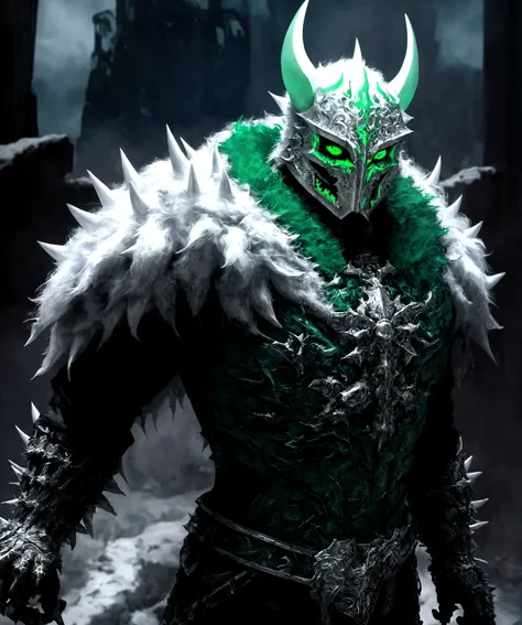 (extremely detailed 8k wallpaper), a medium shot photo of  Grim dressed as a scary masked white and green furry-supervillain in a white and green spiked armour made of fur glowing armour with spikes from marvel, theme, intricate, high detail, dramatic, fur...