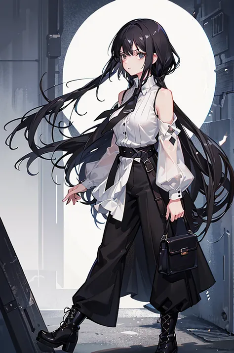 30-year-old woman, long black hair, serious, black eyes, wears old-fashioned clothing, black baggy pants, black boots, white blouse with long sleeves and exposed shoulders, powers of darkness, dark background. 