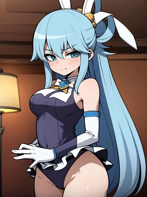 Best quality, masterpiece, ((bunny suit, bunny ears, white swimsuit, elbow gloves, White gloves, white microskirt, white tights)), 1 girl, thin lips, Aqua Konosuba, blue hair, Beautiful face, lush, oily leather, wide hips, small waist, cute, Sitting, on th...