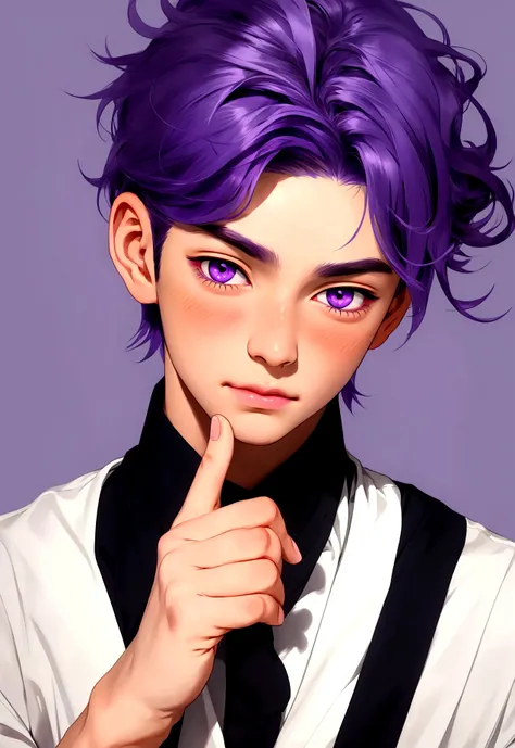 ((Artwork, high quality)), (1 boy), (Alone), (purple hair), (dark purple eyes), offering a cupcake to the viewer, (clothes smeared with cupcake), (subtle blush on his face).




