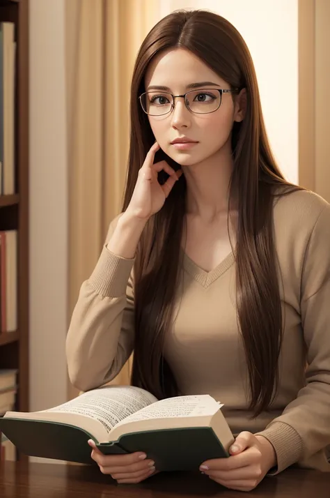 3D poster of a woman with glasses and long brown hair with a bible reading