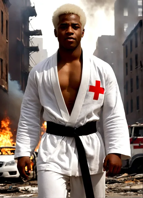 sci-fi cinematic A young african american man with short White Afro hair wearing a white blindfold with a red cross on it slightly muscular wearing a white robe and a giant black belt with a white cross on it wearing a white sweatpants, cinematic Highly de...