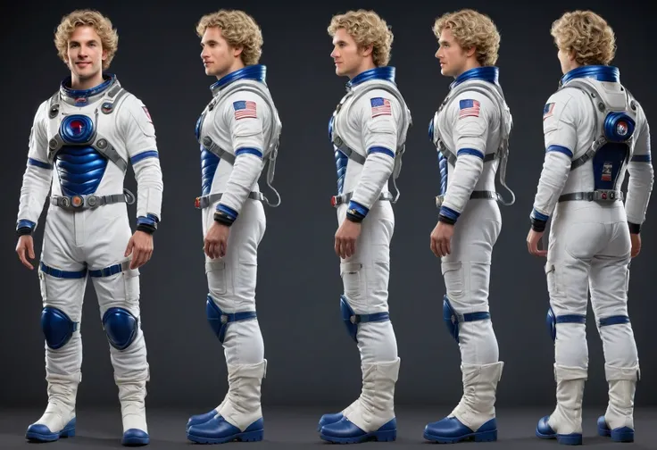 a dynamic photorealistic full-body ((character sheet)) of 25 years old RYAN DALISH, ((3 views: front view, side view, back biew)), of north american origin, caucasian male, light skin, almost a model, in white and blue spacesuit, universal boots, short blo...