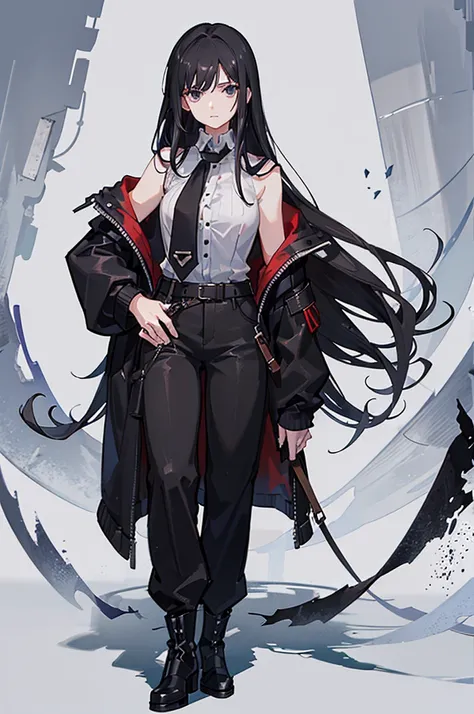 30-year-old woman, long black hair, serious, black eyes, wears old-fashioned clothing, black baggy pants, black boots, white blouse with long sleeves and exposed shoulders, powers of darkness, dark background. 