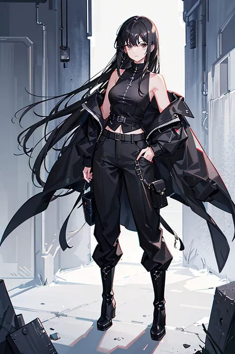 30-year-old woman, long black hair, serious, black eyes, wears old-fashioned clothing, black baggy pants, black boots, white blouse with long sleeves and exposed shoulders, powers of darkness, dark background. 