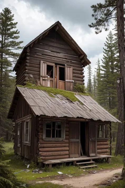 Draw an old abandoned cabin on the island, with broken doors and windows, surrounded by mutilated dolls scattered across the ground and hanging from nearby trees at night."