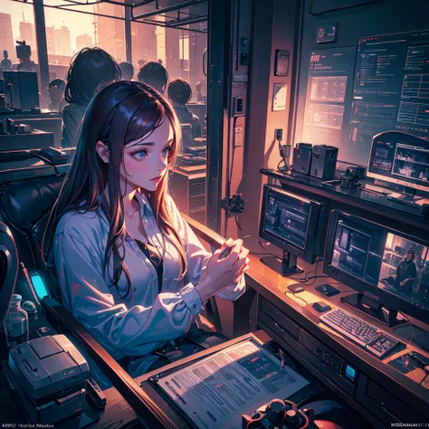 man, detailed face, beautiful detailed eyes, beautiful detailed lips, extremely detailed face, longeyelashes, gaming setup, computer, desk, gaming chair, gaming peripherals, science laboratory, laboratory equipment, test tubes, beakers, microscope, (best q...