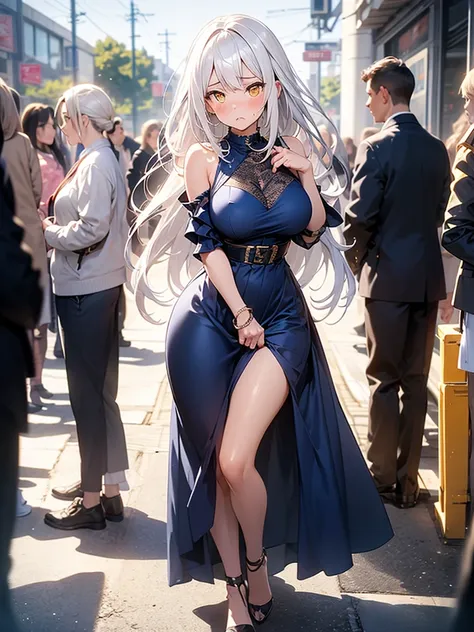 8K, Girl, solo, Full Body, Long hair, white hair, Yellow eyes, Sad mouth, blush, nervous, detailed face, Breasts, big Breasts, large Breasts, big Butt, Short Dark BLUE dress, tight dress, in a public show