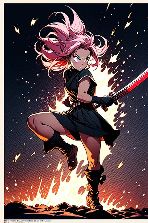 manga style, classical, art by akira toriyama, absurdres,1girl, gradient hair, pink hair, dark skinned,short Knight outfit,swinging a blazing fire katana,full body shot,detail medieval daungon backgroung 