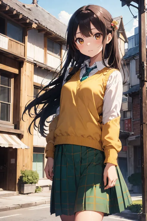 (masterpiece, Highest quality:1.2), One girl, alone,Are standing_Split, 
Yuki mandarin orange, Brown eyes, Brown Hair, hair ornaments,Long Hair,Green Check Skirt, Sainan High , , White shirt, Yellow sweater vest,No panties

