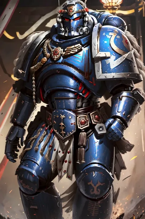 mature adult, illustration, of ultramarine, primaris, power armor, full armor, full metal armor, wearing intricate ornamented me...