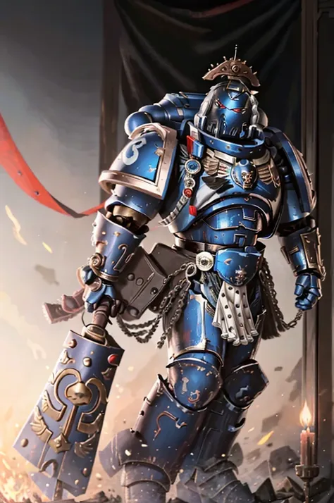 mature adult, illustration, of ultramarine, primaris, power armor, full armor, full metal armor, wearing intricate ornamented me...