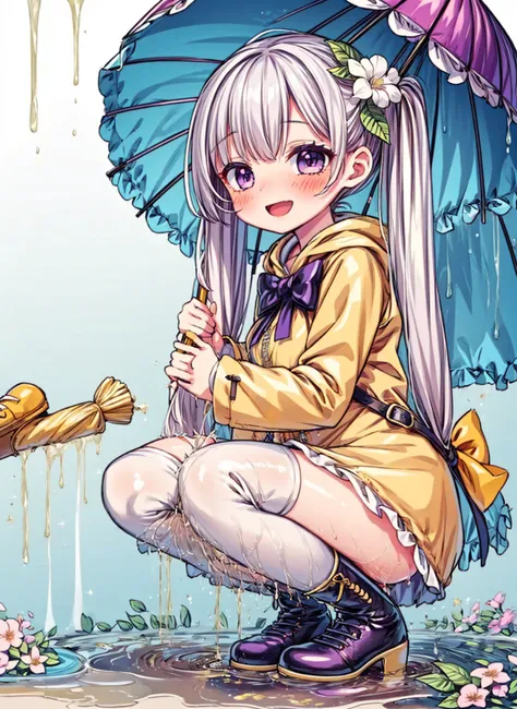 One Girl,rainbow,raincoat,yellow raincoat,rubber Knee-high boots,Hydrangea,flower,Long Hair,Twin tails,Knee-high boots,blush,umbrella,Open your mouth,hair ornaments,Food,alone,Terboz,very Long Hair,Food up,Long sleeve,Low Ponytail,bow,bangs,smile,animal Fo...