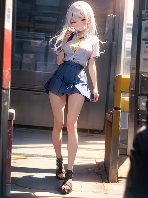 Girl, solo, Full Body, Long hair, white hair, Yellow eyes, sad face, eyes almost closed, Breasts, big Breasts, Large breasts, big Butt, white Button shirt, two Buttons popped out, Tight shirt, Short Skirt, Tiny Skirt, Dark BLUE skirt, tight Skirt, exposing...