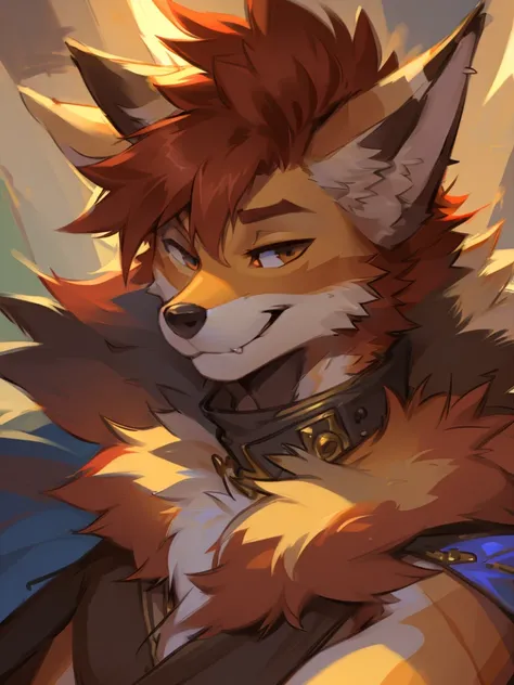 anthro furry male coyote red and white tan color fur spikey hair smug expression headshot bust best quality, 4k, (by foxovh, rOSS tran, pino daeni),