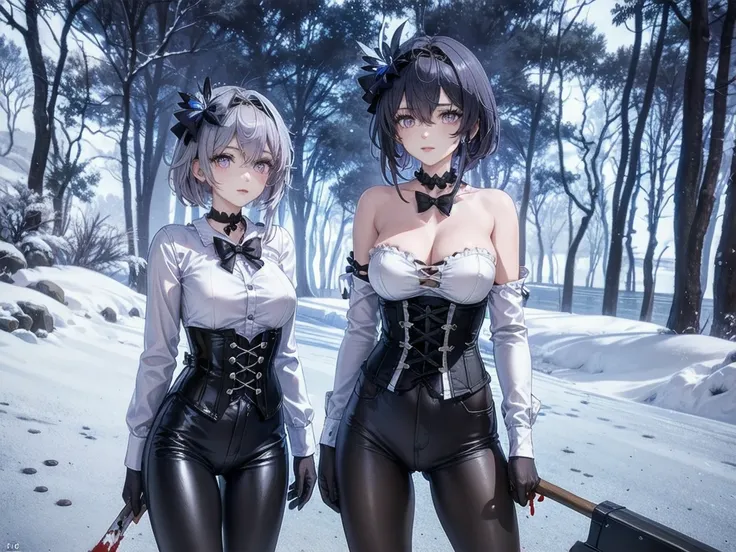 ((blood droplets)), ((blood)), ((blood splatter)), ((blood on clothes)), ((blood stain)), Masterpiece, Beautiful art, professional artist, 8k, Very detailed face, Detailed clothing, detailed fabric, 2 girls, Soul Fullness (Honkai Impact 3rd), front view, s...