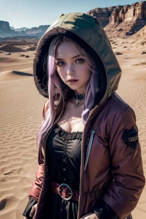 ((desert, arena, dunes, refraction effect, sun)), (Masterpiece, Best Quality), (1 girl), (suno), ((portrait)), Perfect face, ((heterochromia, blonde and purple hair, ((long red parka)), unnecessary gothic belts everywhere, mole under the eye)), the backgro...