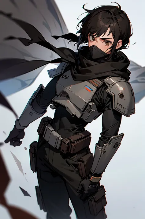 Male 30 years old bounty hunter, star wars style, short black hair, light black and brown armored clothes, brown eyes, black scarf covering mouth and nose, 2 holdered blasters on the hip