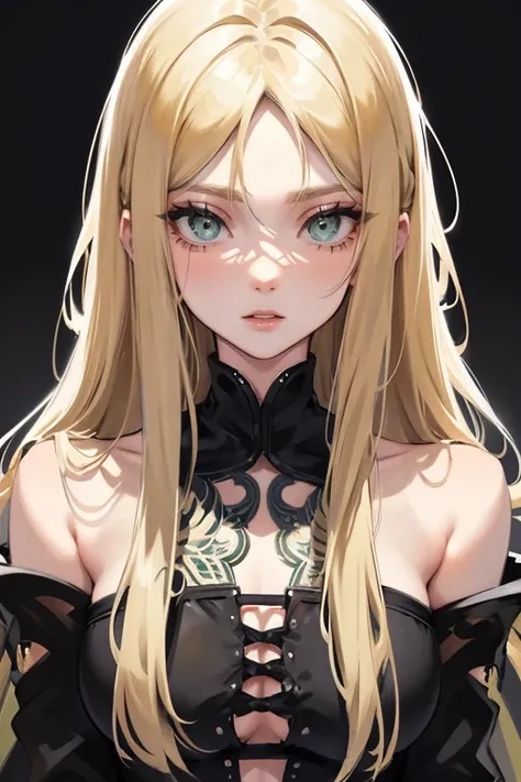 )a thin woman with long blonde hair, woman has green eyes, black sexy emo outfit) best quality, adorable, ultra-detailed, illustration, complex, detailed, extremely detailed, detailed face, soft light, soft focus, perfect face. illustration:full body