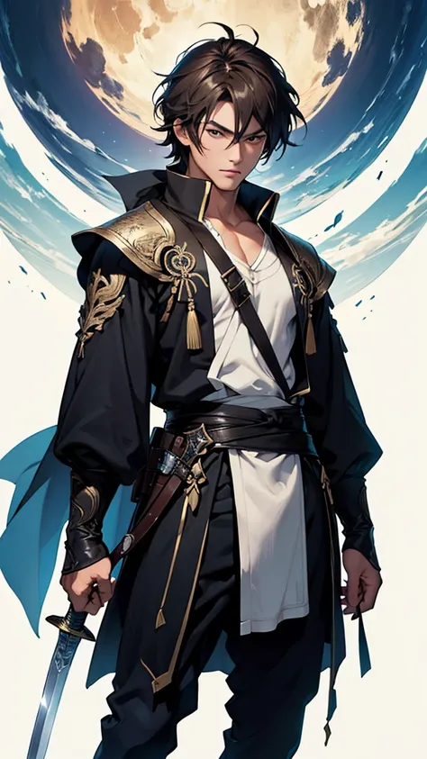 (Best Quality、High resolution、Image clarity:1.2)、 (male:1.2)、solo、maleフォーカス、Ultra-detailed backgrounds、Beautiful man standing with a sword、Traveler&#39;s Clothes、boots、ハンサムなmale、Powerful、(Strong eyes) 、Black Hair、 Hair Detail, semi-long、Part your hair,Wide...