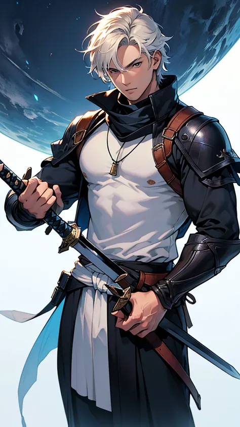 (Best Quality、High resolution、Image clarity:1.2)、 (male:1.2)、solo、maleフォーカス、Ultra-detailed backgrounds、Beautiful man standing with a sword、Traveler&#39;s Clothes、boots、ハンサムなmale、Powerful、(Strong eyes) 、Black Hair、 Hair Detail, semi-long、Part your hair,Wide...