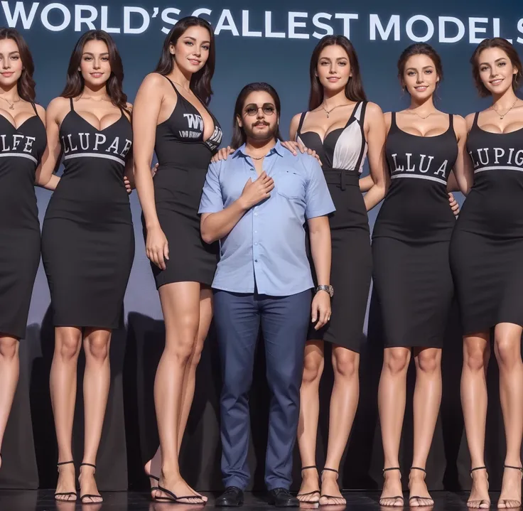 Three tall girls on the lfe left, three tall girls in the right, short man in the middle, the girls are much taller than the man, girls have big  and cleavage, girls are wearing black, man is wearing blue shirt, girls are standing barefoot, man is wearing ...